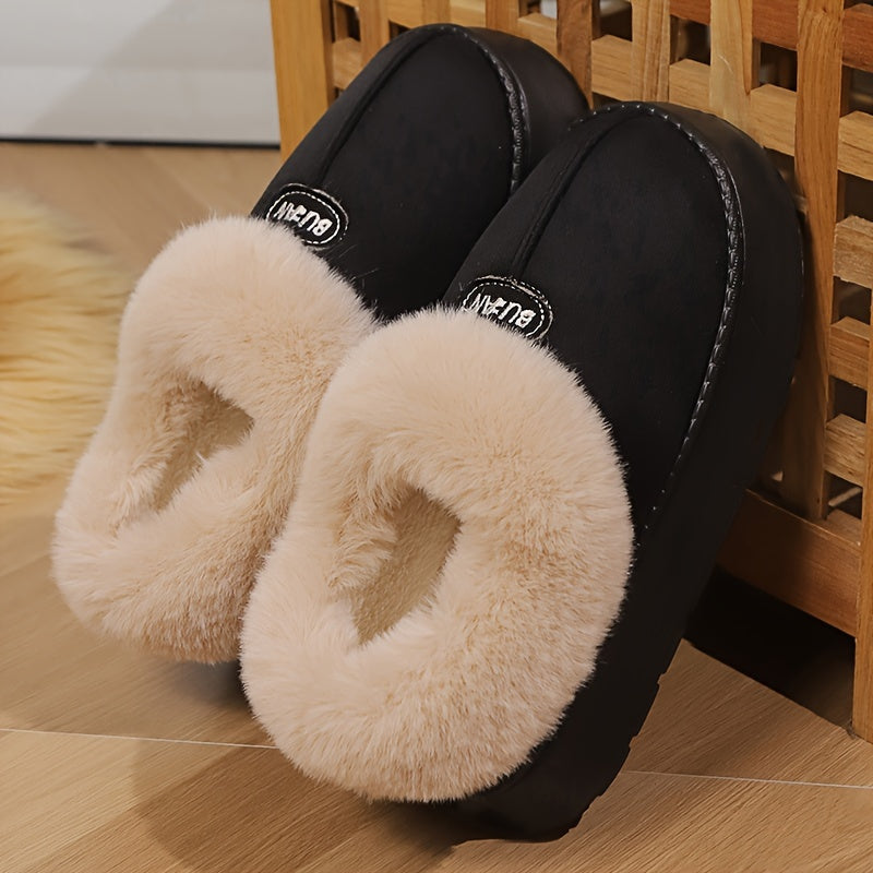 Women'S Preppy Solid Color Slip on Furry Slippers, Soft Warm Plus Fleece House Shoes with Round Toe, EVA Sole, Fabric Upper and Inner Material, Casual All-season Slippers